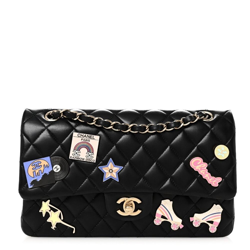RARE Authentic CHANEL Lambskin Quilted Medium Hollywood Charms Double Flap Black